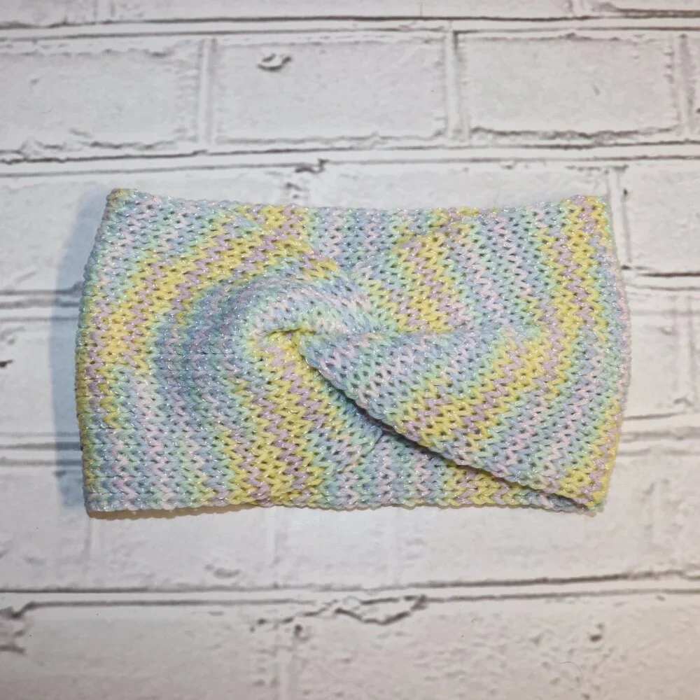 🌈🌀 Twisted Knit Headband – Rainbow Stripes · Handmade · One Size